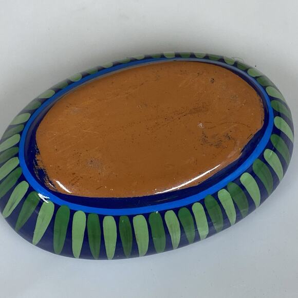 Mexican Folk Art Pottery Oval Trinket Box Hand Painted Blue Bird Flowers - Picture 10 of 10